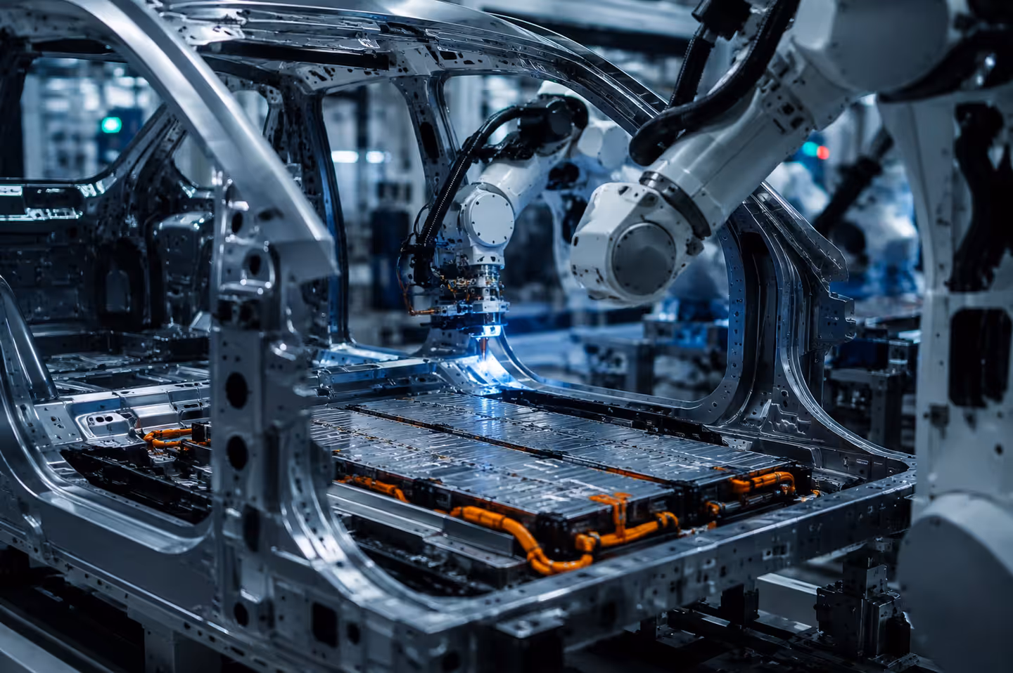Cellule de soudage robotisée opérant sur une carrosserie automobile