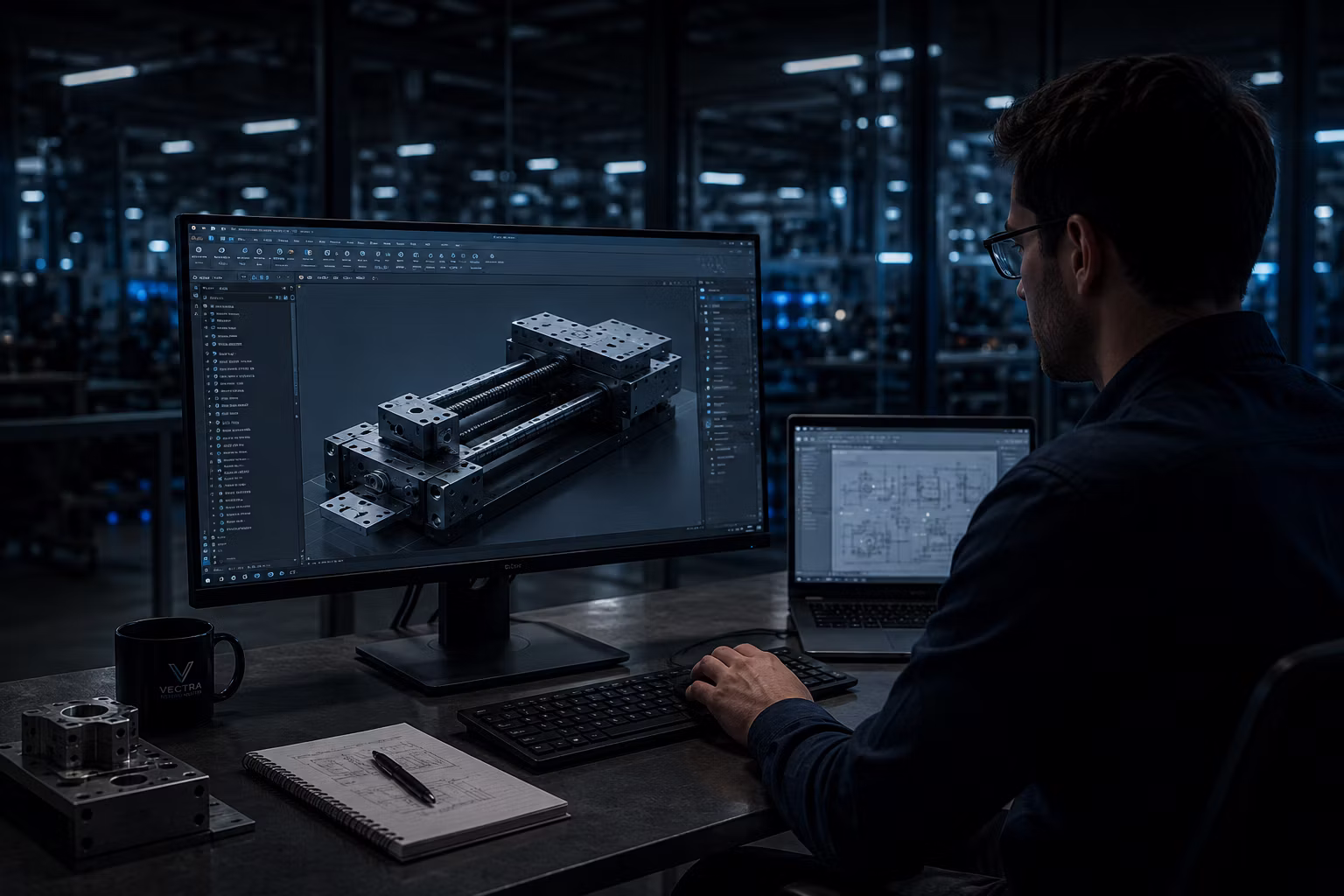 Engineer reviewing a precision motion system design